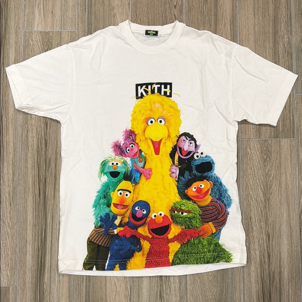 Kith White Tee with Bright Multicolor Sesame Street Cast